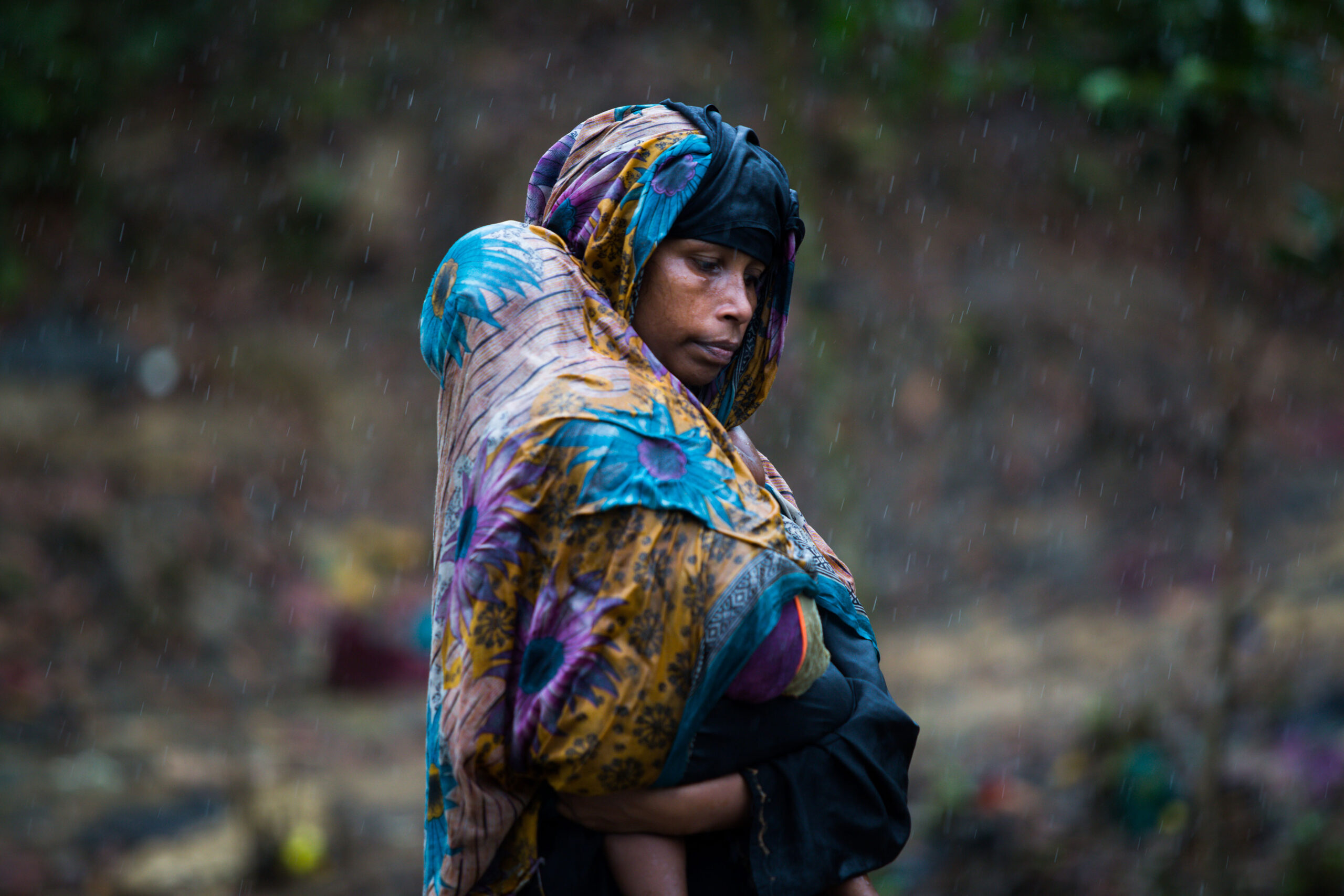 A mother with her child in a Rohingya refugee camp in Cox's Bazar, Bangladesh