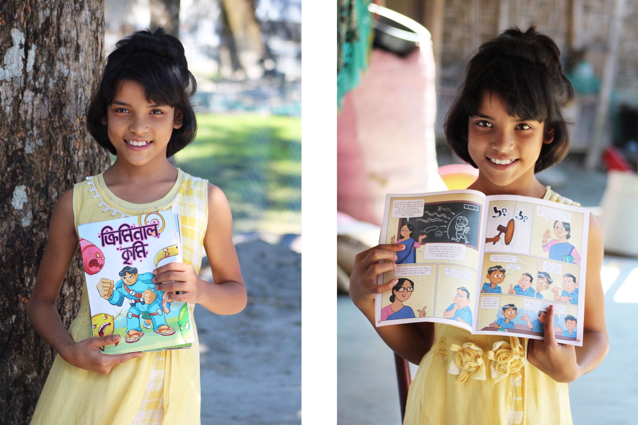 Tanisha holds a comic book with messages on deworming