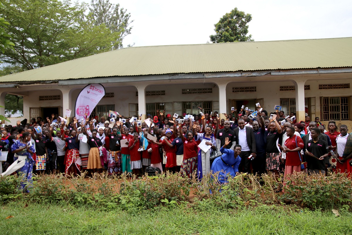 Participants celebrate the launch of the BRAC Girls Talk project at St. Mathias Kalemba Secondary School in Nazigo, Uganda.
