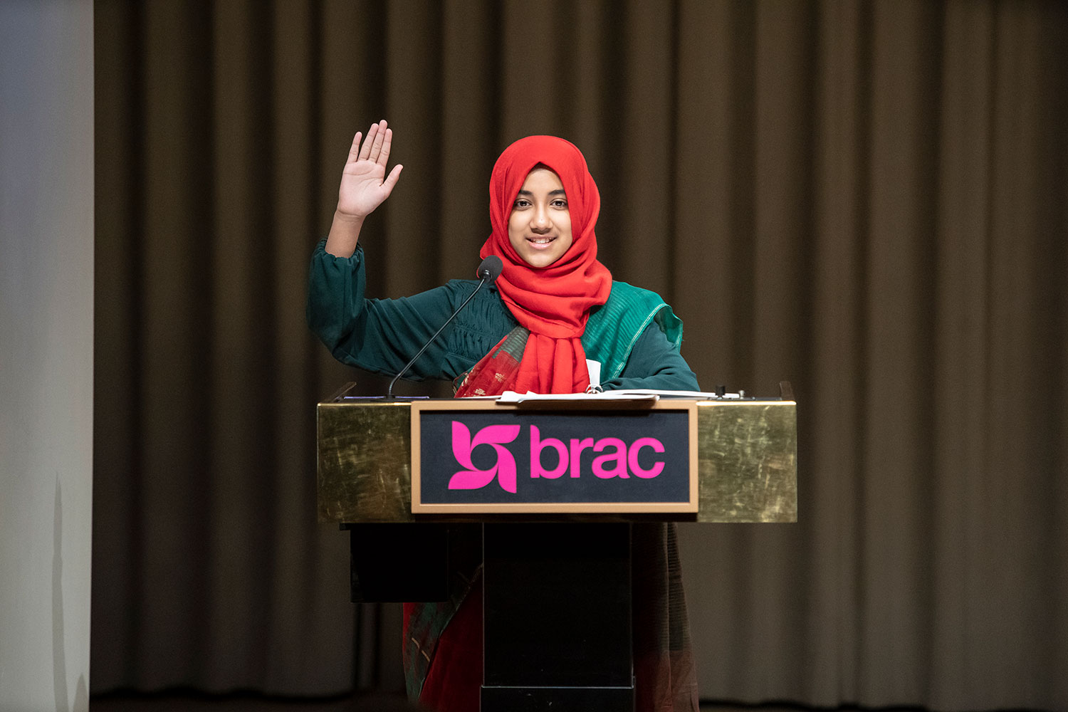 Faatiha Aayat speaks at BRAC’s 50th anniversary celebration in New York City. Photo by Ayano Hisa.