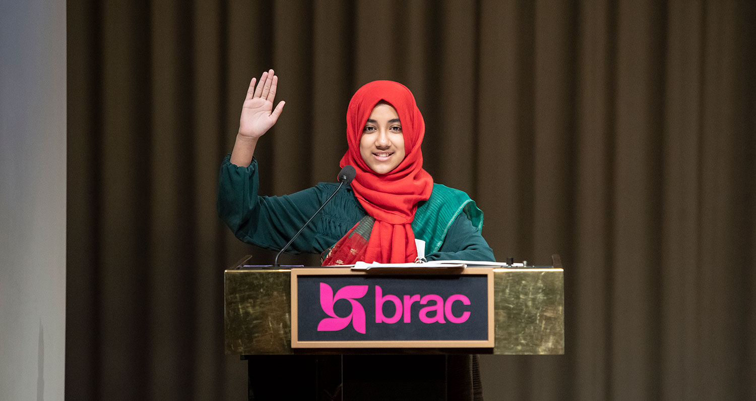 Faatiha Aayat speaks at BRAC’s 50th anniversary celebration in New York City. Photo by Ayano Hisa.
