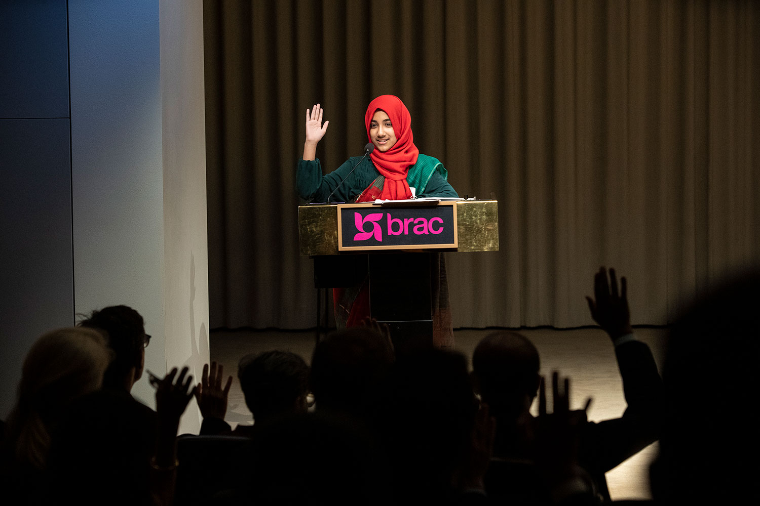 Faatiha issues a powerful call to action at BRAC’s 50th anniversary celebration in New York: “Defeat poverty, defend the planet, and demand equity.” Photo by Ayano Hisa.