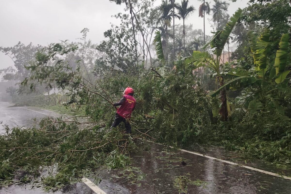 A man wearing a pink BRAC jacket and pink helmet works to clears tree branches covering a roadway in Barguna, southern Bangladesh on May 27