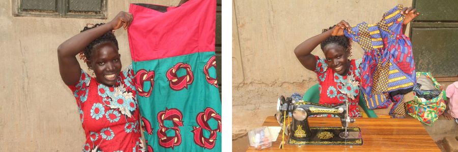 Two photos. Left: Lonah holds up a red and green strapless dress she sewed. Right: Lonah holds up a child's dress she sewed while sitting at her sewing table.