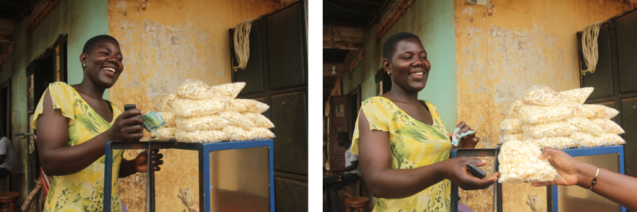 Two photos of Juliet, a young woman in BRAC's youth empowerment program in Uganda, smiling as she stands behind her popcorn machine with a pile of bags of popcorn perched atop for sale. Left: Juliet chats with a customer off camera as she accepts money. Right: Juliet hands a bag of popcorn to the customer who is off camera.