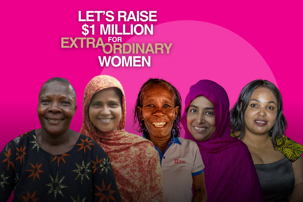 A graphic with a pink backdrop and headshots of five Extraordinary Women who are BRAC participants from a variety of countries reads 