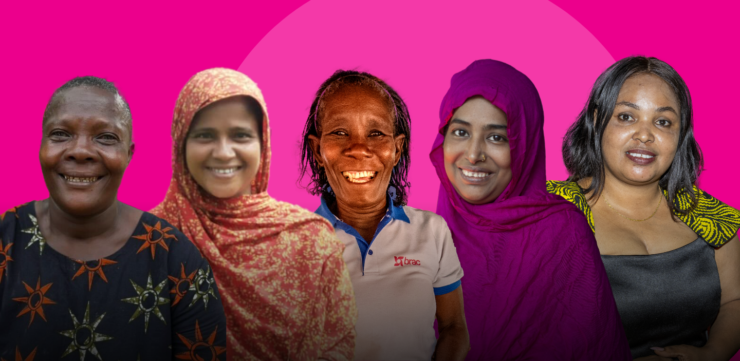 A graphic with a pink backdrop and headshots of five Extraordinary Women who are BRAC participants from a variety of countries.