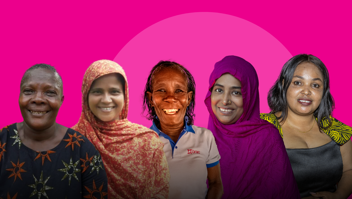 A graphic with a pink backdrop and headshots of five Extraordinary Women who are BRAC participants from a variety of countries.