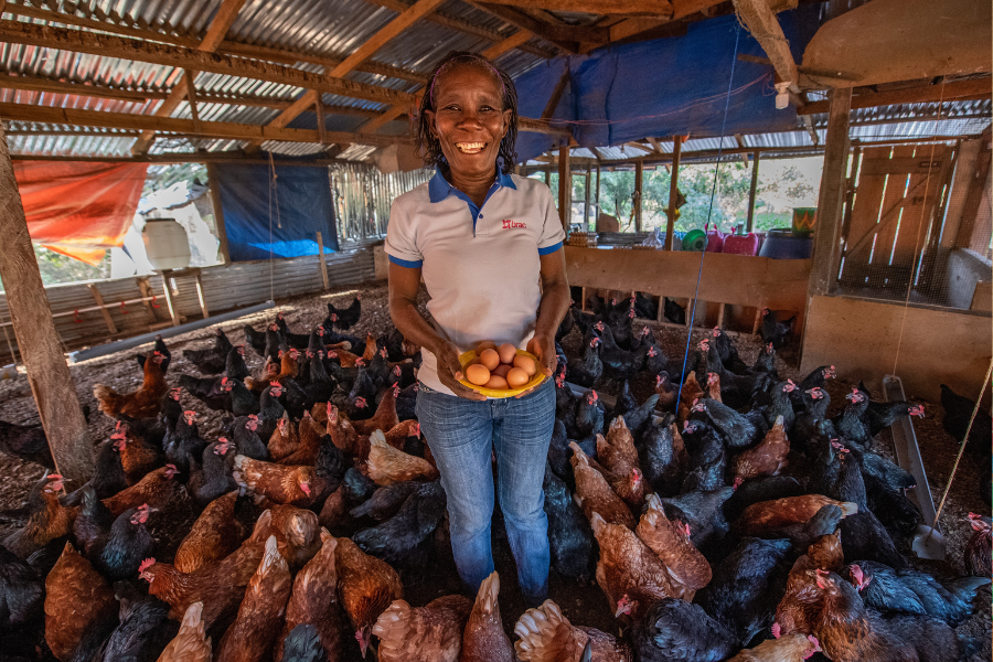 Selena holds a bowl of eggs while standing in her coop full of hens.