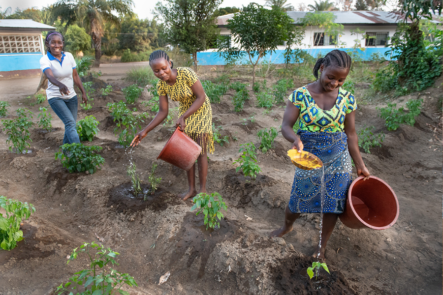 Selena and two girls from the home water plants in the kitchen garden.