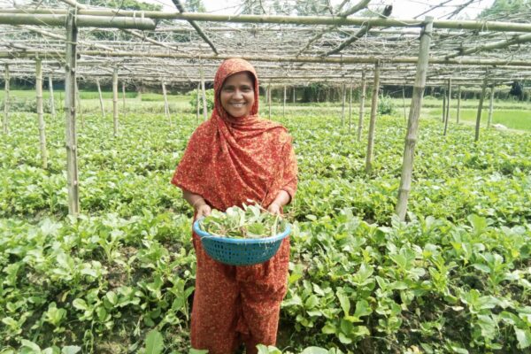 An image of a woman, Rozina, standing in her farm with crops behind her and holding harvested leafy greens.