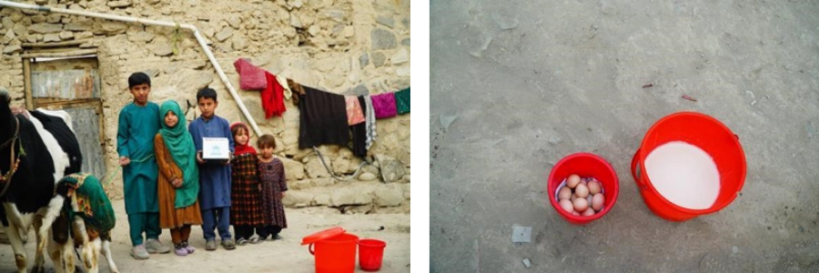 A collage of two photos. Left: A family poses. Right: An image of a bucket of eggs and a bucket of milk. 