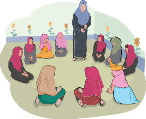 An illustration of an Afghan female teacher standing and speaking to a classroom full of girls sitting in a circle. 