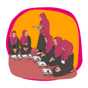 An illustration of an Afghan female teacher standing and reading to a classroom full of girls sitting in a circle. 