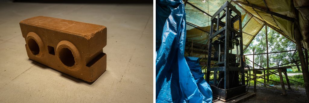 Left: The earth block used to build the amphibious house. Right: The machine used to create earth blocks. © Shamim Hossain, BRAC 2025