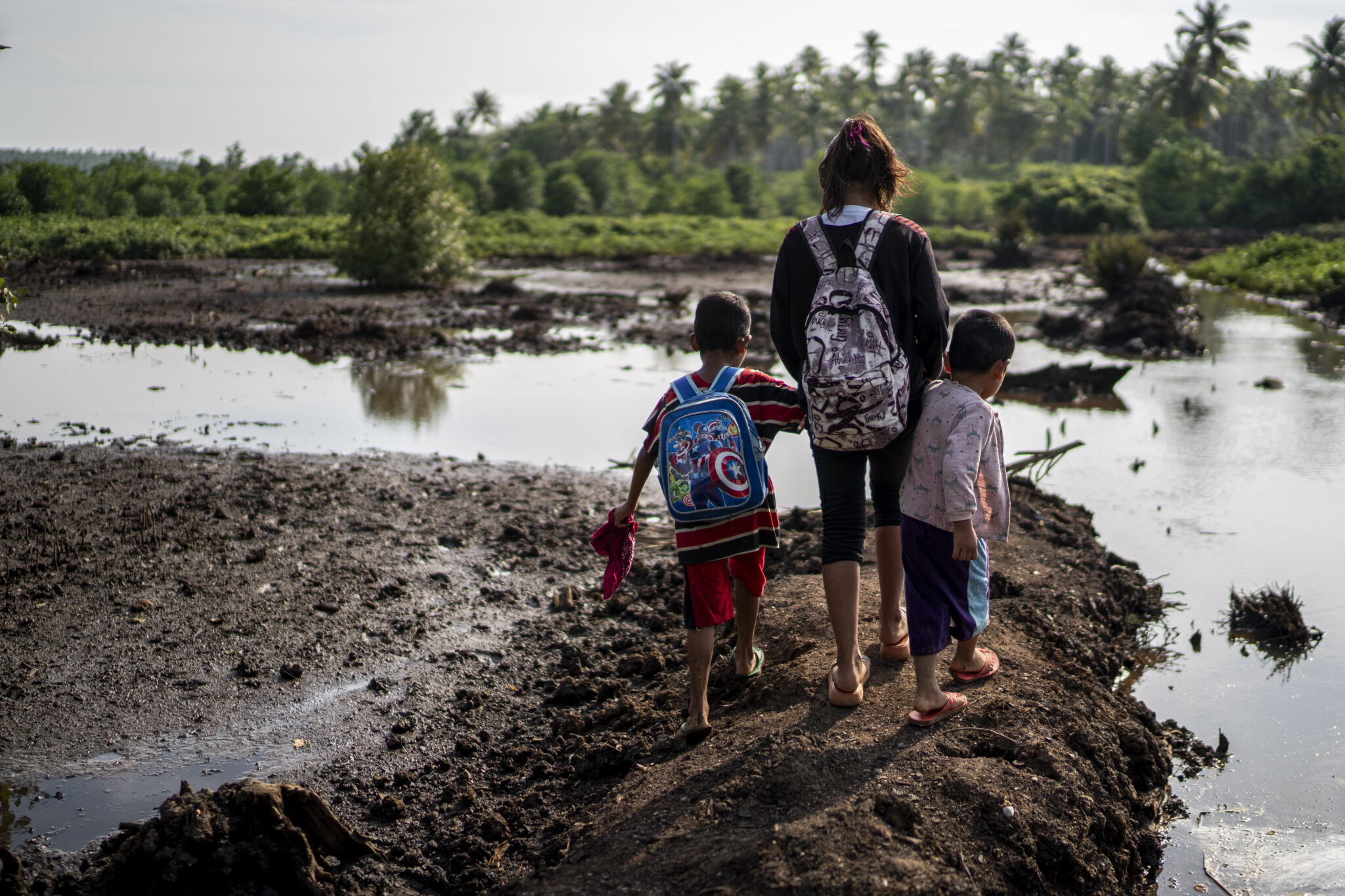 Two boys and a girl hold hands while walking to school wearing backpacks, as they overlook a waterway and forest that they must cross.